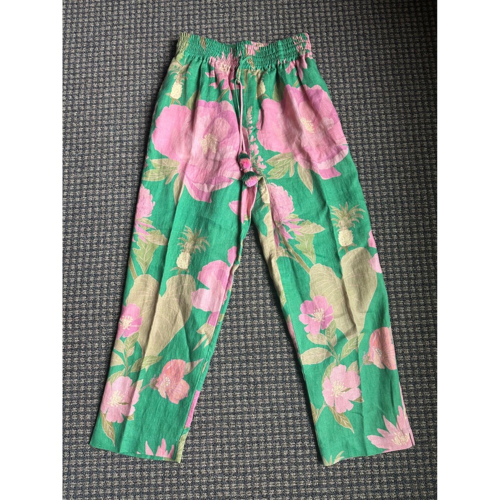 Farm Rio Green Wild Peonies Linen Pants Floral Pineapple Tassel Size L and top - Picture 6 of 16